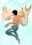  2boys air_bubble animal barefoot black_hair blonde_hair blue_background bubble commentary daki_info dark-skinned_male dark_skin dungeon_meshi facing_another fins fish full_body hands_up highres holding holding_animal holding_fish kabru laios_touden looking_at_another male_focus merman monster_boy monsterification multiple_boys nipples open_mouth pants refraction short_hair swimming symbol-only_commentary topless_male underwater very_short_hair yellow_eyes 