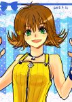  breasts brown_hair commentary_request dress final_fantasy final_fantasy_viii flipped_hair green_eyes open_mouth selphie_tilmitt short_hair smile solo yadoso yellow_dress 