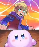  blonde_hair blue_eyes bone_(stare) jacket kirby kirby_(series) looking_at_viewer monado open_mouth short_hair shulk sky spoilers super_smash_bros. super_smash_bros._ultimate sword weapon xenoblade_(series) xenoblade_1 