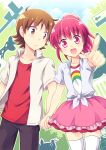  1boy 1girl aino_megumi brown_eyes brown_hair couple happinesscharge_precure! hetero highres holding_hands kousetsu looking_at_another looking_to_the_side open_mouth pink_eyes pointing pointing_at_viewer ponytail precure sagara_seiji shirt short_hair short_sleeves skirt smile thighhighs tied_shirt 