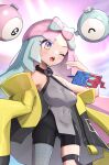  1girl absurdres ass_visible_through_thighs bare_arms black_shorts blue_hair blush bow-shaped_hair breasts character_hair_ornament fanning_self gonzarez grey_pantyhose hair_ornament hexagon_print highres iono_(pokemon) jacket long_hair magnemite medium_breasts multicolored_hair one_eye_closed oversized_clothes pantyhose pink_hair pokemon pokemon_sv removing_jacket rotom rotom_phone sharp_teeth shorts single_leg_pantyhose sleeveless solo split-color_hair sweat sweatdrop teeth unzipped very_long_sleeves x yellow_jacket 