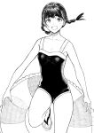  1girl :d bare_arms bare_shoulders braid breasts cleavage collarbone commentary_request floating_hair frilled_innertube greyscale highres hiwatari_rin holding holding_instrument instrument looking_at_viewer monochrome one-piece_swimsuit original sandals short_eyebrows simple_background small_breasts smile solo standing standing_on_one_leg swimsuit thick_eyebrows twin_braids twintails white_background 