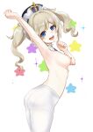  1girl absurdres arm_up armpits ass barbara_(genshin_impact) blonde_hair blue_eyes blush breasts drill_hair from_side genshin_impact hat highres long_hair looking_at_viewer medium_breasts nenetan nipples nude open_mouth pantyhose smile solo standing twin_drills twintails white_pantyhose 