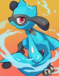  aura black_fur blue_fur blue_tail gradient_background highres looking_at_viewer no_humans nullma open_mouth orange_background pokemon pokemon_(creature) red_eyes riolu solo two-tone_fur 