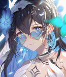  1girl absurdres antlers bare_shoulders black_hair blue_eyes blue_flower blue_hair breasts chinese_commentary choker cleavage closed_mouth colored_inner_hair commentary_request earrings fake_antlers flower hair_between_eyes hair_flower hair_ornament heart heart-shaped_eyewear highres honkai_(series) honkai_impact_3rd horns jewelry large_breasts long_hair looking_at_viewer multicolored_hair portrait qiuqiuku seele_vollerei seele_vollerei_(herrscher_of_rebirth) sidelocks single_antler solo white_choker 