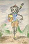  absurd_res anthro asian_clothing barefoot black_hair clothing feet female graphite_(artwork) green_eyes hair hi_res mammal mr_woland multicolored_body pencil_(artwork) solo traditional_media_(artwork) tress two_tone_body wide_hips 