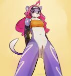  absurd_res accessory anthro azuredeer bottomless butt butt_from_the_front clothed clothing crop_top cute_fangs domestic_cat felid feline felis female front_view fur genitals hair headband hi_res looking_at_viewer looking_down looking_down_at_viewer mammal pink_hair purple_body purple_eyes purple_fur pussy shirt simple_background skinny smile solo standing topwear whiskers 