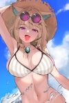  1girl absurdres animal_ear_fluff arknights armpits bikini blue_sky breasts brown_hair cleavage eyewear_on_head highres jewelry midriff necklace open_mouth puranetto_(vjun4748) purple_eyes sky smile solo striped_bikini striped_clothes swimsuit upper_body utage_(arknights) utage_(summer_flowers)_(arknights) water 