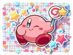  border candy closed_mouth commentary_request food highres holding holding_food invincible_candy kirby kirby_(series) lollipop ninjya_palette no_humans one_eye_closed shadow smile solo star white_border 