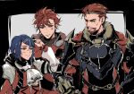  3boys alcryst_(fire_emblem) armor ascot beard black_armor blue_hair brothers dark_blue_hair diamant_(fire_emblem) facial_hair family father_and_son fire_emblem fire_emblem_engage full_beard highres male_focus morion_(fire_emblem) multiple_boys red_eyes red_hair siblings umi_(_oneinchswing) white_ascot 