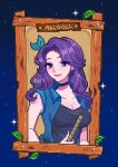  1girl abigail_(stardew_valley) black_choker black_shirt blue_eyes breasts character_name choker cleavage commentary english_commentary green_eyes highres holding large_breasts leaf mimpish pixel_art purple_hair shirt solo stardew_valley upper_body 