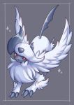  absol animal_focus bright_pupils claws closed_mouth feathered_wings grey_background highres horns long_hair mega_absol mega_pokemon no_humans pokemon pokemon_(creature) red_eyes simple_background solo soruva_359 white_hair white_pupils white_wings wings 