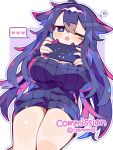  1girl animal_ears breasts cat_ears cleavage colored_inner_hair commission highres large_breasts long_hair multicolored_hair one_eye_closed open_mouth original outline purple_eyes purple_hair skeb_commission solo sweater twitter_username uenomigi virtual_youtuber 