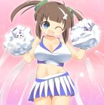  1girl :d blue_eyes blue_sky blush breasts brown_hair cheerleader cleavage coffee_cup commentary_request cowboy_shot cup disposable_cup fang hair_ornament holding holding_pom_poms large_breasts lets0020 looking_at_viewer midriff miniskirt minori_(senran_kagura) navel one_eye_closed open_mouth pink_background pom_pom_(cheerleading) senran_kagura short_hair skirt sky smile solo sports_bra twintails white_skirt white_sports_bra x_hair_ornament 