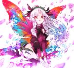 1girl butterfly_wings crown_of_thorns dhjfs999 facial_mark fairy_wings fire_emblem fire_emblem_heroes forehead_mark grey_hair hair_vines highres insect_wings open_mouth plant plant_hair plumeria_(fire_emblem) pointy_ears red_eyes thorns wings 