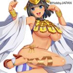  1girl ad ancient_princess_menace armpits ass bangle bare_shoulders black_hair blue_eyes blue_nails blue_panties blue_stripes blunt_bangs blunt_ends blush bracelet breasts clenched_hands copyright_notice crown detached_sleeves egyptian egyptian_clothes feet gold groin headpiece high_heels hobbyjapan jewelry large_breasts linea_alba loincloth looking_at_viewer menace_(queen&#039;s_blade) menace_(queen&#039;s_blade_unlimited) midair navel o-ring o-ring_bottom official_art open_mouth panties queen&#039;s_blade queen&#039;s_blade_unlimited queen&#039;s_blade_white_triangle revealing_clothes ring sandals shiny_skin short_hair smile solo sparkle stomach striped_clothes striped_panties teeth thighs toes tongue underboob underwear white_background white_panties 