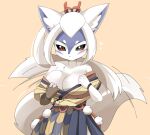  1girl animal_ears black_sclera blush breasts brown_background cleavage closed_mouth colored_sclera commentary_request cowboy_shot expressionless furry furry_female grey_skirt hair_ribbon hakurou_(onmyoji) high_ponytail japanese_clothes kimono large_breasts lets0020 long_hair looking_at_viewer off_shoulder onmyoji red_eyes red_ribbon ribbon simple_background skirt slit_pupils solo tail tail_wagging white_hair wolf_ears wolf_girl wolf_tail yagasuri yellow_kimono 