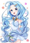  :d ahoge bangs bare_arms bare_shoulders blue_eyes blue_hair blush breasts collarbone commentary_request dress eyebrows_visible_through_hair forehead granblue_fantasy green_ribbon hair_ornament hair_ribbon hairclip head_tilt highres long_hair lyria_(granblue_fantasy) open_mouth parted_bangs ribbon simple_background small_breasts smile solo tomo_(user_hes4085) very_long_hair white_background white_dress 