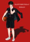  1boy absurdres adjusting_eyewear ball basketball basketball_(object) basketball_uniform black_eyes black_hair black_shorts commentary_request dated english_text full_body glasses hand_up happy_birthday highres holding holding_ball imayoshi_shouichi jacket jacket_on_shoulders jersey kuroko_no_basuke looking_at_viewer male_focus one_eye_closed red_background shadow shirt shoes short_hair shorts simple_background smile sneakers socks solo sportswear standing tofu_hanbagu white_footwear 