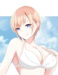  1girl bikini blue_eyes breasts cleavage closed_mouth collarbone go-toubun_no_hanayome hand_on_own_chest highres large_breasts licking_lips looking_at_viewer nakano_ichika orange_hair shiroha short_hair sky solo swimsuit tongue tongue_out upper_body white_bikini 