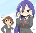  2girls adjusting_eyewear bespectacled black_jacket brown_eyes brown_hair buttons closed_mouth commentary_request glasses goshiki_agiri hand_on_own_chin heart jacket kill_me_baby lets0020 long_hair long_sleeves looking_at_viewer multiple_girls necktie oribe_yasuna purple_eyes purple_hair red_necktie school_uniform shirt short_hair smile smug split_mouth translation_request upper_body white_shirt 