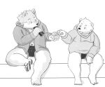  2016 anthro bear canine clothing duo eating food fundoshi hoodie humanoid_hands japanese_clothing male mammal navel simple_background sitting slightly_chubby tiger_cub underwear white_background 