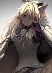  1girl animal_ear_fluff animal_ears arknights armor backlighting black_gloves blemishine_(arknights) blonde_hair breastplate commentary gauntlets gloves gradient_background grey_background hand_up highres horoda_(user_wfaw4827) horse_ears kingdom_of_kazimierz_logo long_hair looking_at_viewer one_eye_closed ponytail purple_gloves smile solo two-sided_gloves yellow_eyes 