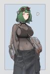  1girl absurdres azz0422 bag bodystocking breasts cleavage commission covered_navel cowboy_shot duffel_bag goggles goggles_on_head green_hair half-closed_eyes hands_in_pockets heart highres large_breasts looking_at_viewer medium_hair orange_eyes solo tank_top 