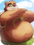  2024 anthro bear belly big_belly blush bottomwear brown_body brown_fur clothed clothing clothing_lift eyewear fur glasses hi_res kemono lifewonders male mammal metaporin overweight overweight_male pants shirt shirt_lift solo tokyo_afterschool_summoners topwear volos_(tas) 