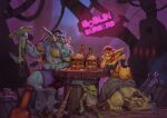  blizzard_entertainment blue_body burger crona_(artist) female food goblin green_body group holding_knife holding_object humanoid knife male neon_lights overweight size_difference troll_(mythology) tusks unconscious warcraft 