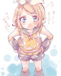  =3 angry annoyed aoi_choko_(aoichoco) bare_shoulders belt blonde_hair blue_eyes blush bow breasts detached_sleeves fang frilled_shirt frills frown hair_bow hair_ornament hairclip hands_on_hips headphones headset highres kagamine_rin leaning_forward leg_warmers looking_at_viewer open_mouth sailor_collar shirt shorts sketch sleeveless sleeveless_shirt small_breasts solo vocaloid 