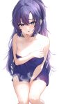  1girl :o absurdres arm_between_legs awnw bare_legs bare_shoulders blue_archive blush breasts cleavage collarbone feet_out_of_frame highres invisible_chair long_hair looking_at_viewer medium_breasts naked_towel purple_eyes purple_hair purple_towel sitting solo steaming_body sweat towel twitter_username very_long_hair yuuka_(blue_archive) 