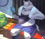  2016 anthro belly canine clothed clothing dog fundoshi humanoid_hands japanese_clothing male mammal open_shirt overweight overweight_male shirt sitting solo sv_grart sweat tank_top underwear 