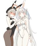  2girls alternate_costume animal_ears black_bow black_bowtie black_leotard blush bow bowtie breasts cleavage detached_collar earrings fake_animal_ears fake_tail grey_hair highres jewelry jinhsi_(wuthering_waves) leotard long_hair looking_at_viewer medium_breasts mole mole_under_mouth multiple_girls nose_blush pantyhose playboy_bunny rabbit_ears rabbit_tail red_eyes sanhua_(wuthering_waves) sbs short_hair simple_background strapless strapless_leotard tail twintails very_long_hair white_background white_bow white_bowtie wrist_cuffs wuthering_waves 