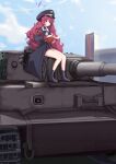  1girl absurdres armband black_coat black_footwear black_hat black_shirt blue_archive book boots breasts cleavage closed_mouth coat collared_shirt commentary_request flat_chest grey_eyes halo hat highres holding holding_book iroha_(blue_archive) long_hair long_sleeves looking_at_viewer military_vehicle motor_vehicle necktie open_book outdoors peaked_cap red_armband red_hair red_necktie shirt sitting solo tank tiger_i wavy_hair wuxifeng 