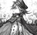  1boy bbbbbaasos cape character_name commentary danganronpa_(series) danganronpa_v3:_killing_harmony greyscale hat male_focus messy_hair monochrome oma_kokichi parted_lips peaked_cap profile simple_background solo straitjacket symbol-only_commentary upper_body 