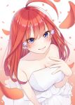  1girl ahoge blue_eyes breasts bride cleavage closed_mouth collarbone dress falling_petals go-toubun_no_hanayome hair_ornament hand_on_own_chest highres large_breasts long_hair looking_at_viewer nakano_itsuki petals red_hair solo star_(symbol) star_hair_ornament strapless strapless_dress umetasuku wedding_dress white_dress 