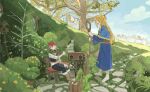  1boy 1girl ashuiashui119 blonde_hair blue_capelet blue_robe boots braid brown_footwear bush capelet chair chilchuck_tims day dungeon_meshi elf from_side grass hair_ribbon highres holding holding_smoking_pipe holding_staff long_hair mailbox_(incoming_mail) marcille_donato neck_warmer open_mouth outdoors pointy_ears profile ribbon robe sitting sky smoking_pipe staff the_hobbit tolkien&#039;s_legendarium tree 