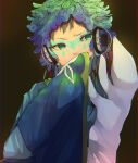  1other androgynous blue_eyes dress facepaint facial_mark feathers forehead_mark gnosia green_hair headphones highres long_sleeves looking_at_viewer makeup other_focus raqio short_hair simple_background solo tattoo upper_body user_mtgd3735 