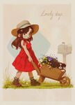  1girl alkemanubis brown_eyes brown_footwear brown_hair child dog dress flower from_side grass hair_flower hair_ornament hat highres long_hair looking_at_viewer mailbox_(incoming_mail) original parted_lips red_dress shoes solo sun_hat walking wheelbarrow 