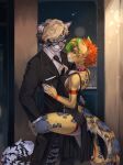 2024 anthro balcony bastika black_clothing black_dress black_necktie blonde_hair blue_spots breasts city clothing collar dress enreeu eye_contact eyewear falling_star felid feline female flirting fur glasses green_eyes green_hair hair hi_res leopardus looking_at_another lucian_(shycyborg) male mammal markings moon multicolored_hair necktie night night_city ocelot orange_hair rainbow_hair raspberry_collar red_collar red_hair spots spotted_body spotted_fur suggestive_pose three_piece_suit white_blouse 