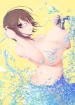  :o bangs black_eyes breasts brown_hair collarbone commentary_request faucet fingernails glasses hands_up highres huge_breasts looking_at_viewer medium_hair morita_(moritania) nipples nude original red-framed_eyewear simple_background solo splashing unaligned_breasts upper_body valve water yellow_background 