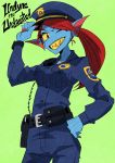  ;d adjusting_headwear belt blue_hat blue_skin character_name chief_undyne deltarune green_background hand_on_hip hand_up hat head_fins holster long_hair looking_at_viewer monster_girl one_eye_closed open_mouth pocket pointy_ears police police_uniform policewoman ponytail red_hair sachy_(sachichy) sharp_teeth simple_background smile solo standing teeth undertale undyne uniform walkie-talkie yellow_sclera yellow_teeth 