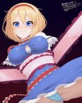  1girl alice_margatroid blonde_hair blue_eyes blue_panties bound breasts dated frilled_ribbon frills hairband highres kuresento looking_at_viewer panties red_hairband restrained ribbon short_hair shy smile solo touhou underwear 