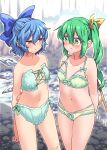  2girls absurdres bikini blue_bow blue_eyes blue_hair blush bow breasts cirno closed_mouth collarbone daiyousei fairy fairy_wings fuuzasa green_bikini green_eyes green_hair hair_between_eyes hair_bow highres ice ice_wings long_hair multiple_girls navel short_hair side_ponytail small_breasts swimsuit touhou wings 