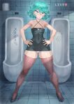  1girl :o absurdres armpits ass_visible_through_thighs black_dress blush breasts cameltoe covered_navel covered_nipples curly_hair dress fishnet_thighhighs fishnets green_eyes green_hair highres looking_at_viewer microdress mogudan navel one-punch_man open_mouth panties partially_visible_vulva short_hair skirt small_breasts solo spread_legs tatsumaki thick_thighs thighhighs thighs tile_floor tile_wall tiles toilet toilet_paper underwear urinal white_panties 