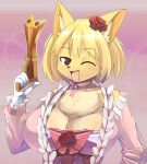  1girl animal_ear_fluff animal_ears blonde_hair breasts brown_eyes cleavage colored_skin commentary_request dress flower fox_ears fox_girl frilled_dress frills furry furry_female gun hair_flower hair_ornament holding holding_gun holding_weapon large_breasts lets0020 looking_at_viewer medium_bangs one_eye_closed open_mouth original pink_background pink_dress red_flower red_rose rose short_hair smile solo upper_body weapon yellow_skin 