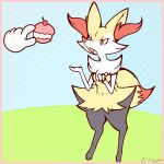  anthro braixen chest_tuft dipstick_tail disembodied_hand fangs female flat_chested fur generation_6_pokemon hi_res holding_out_hand inner_ear_fluff johnsierra markings nintendo poke_puff pokemon pokemon_(species) red_eyes red_nose solo tail tail_markings teeth tuft yellow_body yellow_fur 