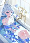  1girl absurdres bathroom bathtub blue_eyes blue_flower blue_hair blush camisole collarbone commentary cowlick drop-shaped_pupils flower flower_on_liquid furina_(genshin_impact) genshin_impact grey_hair harushio heterochromia highres indoors light_blue_hair looking_at_viewer open_mouth partially_submerged solo sunlight symbol-shaped_pupils wavy_hair white_camisole window_shadow 