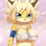  1girl animal_ears armlet blonde_hair blue_eyes blush breasts budget_sarashi commentary_request fullbokko_heroes furry furry_female large_breasts lets0020 looking_at_viewer medium_bangs nipples open_mouth pink_background sarashi short_hair smile solo sparkle tiger_ears tiger_girl upper_body v-shaped_eyebrows zhang_fei_(fullbokko_heroes) 